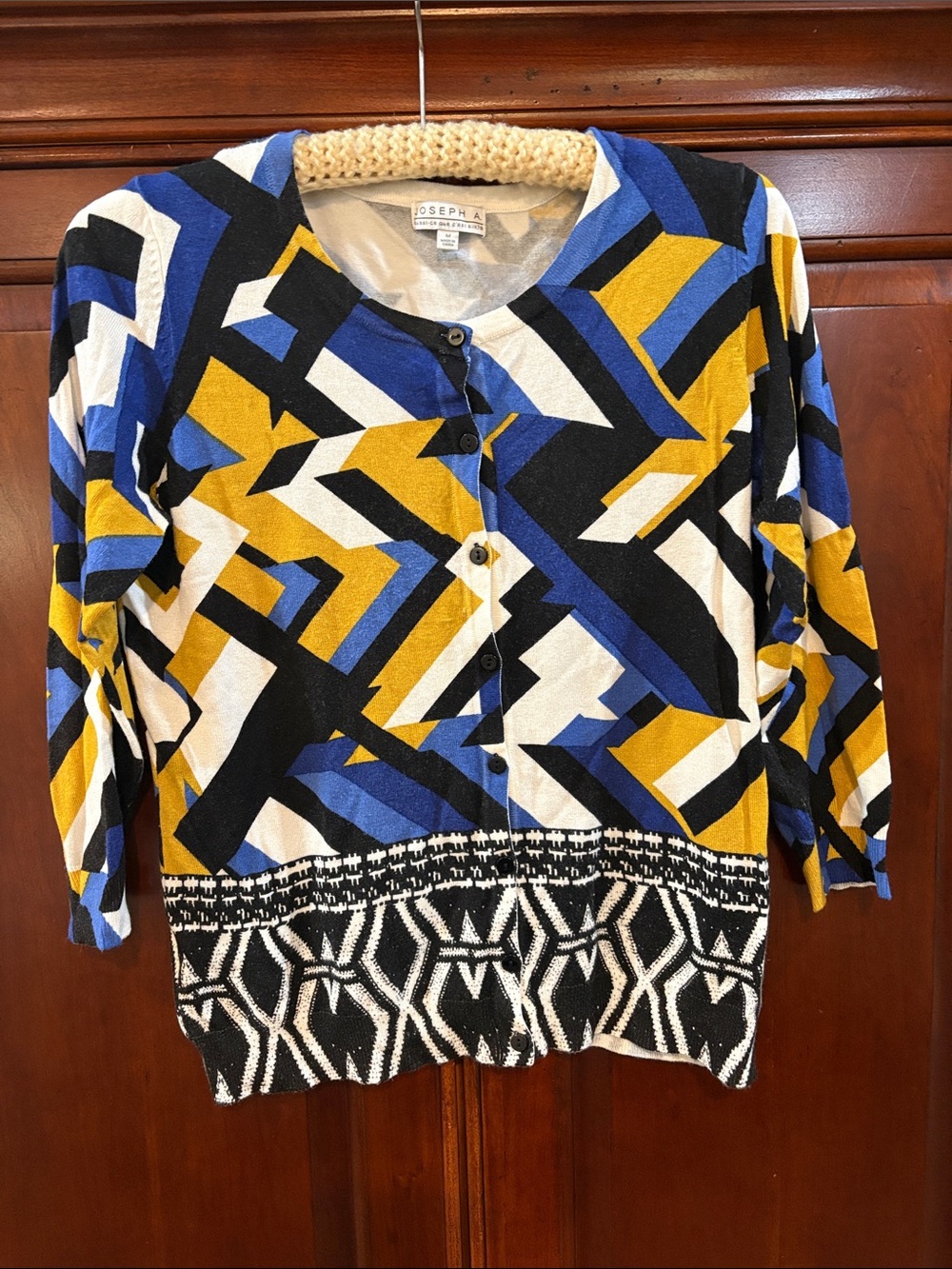 Joseph Geometric Crewneck Cardigan in Blue, Mustard and Cream